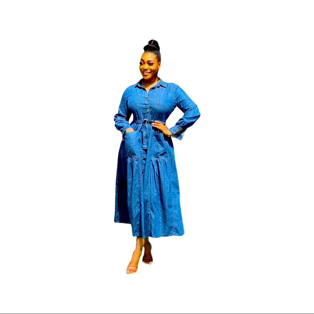 Women Belted Long Sleeve Mid-calf Denim Shirtdress